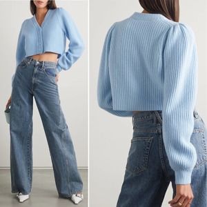 LOVESHACKFANCY Avignon Cropped Cardigan Sweater Size Medium Blue Wool Cashmere